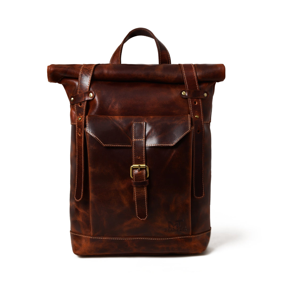 Brown buffalo leather roll top backpack with buckled front pocket