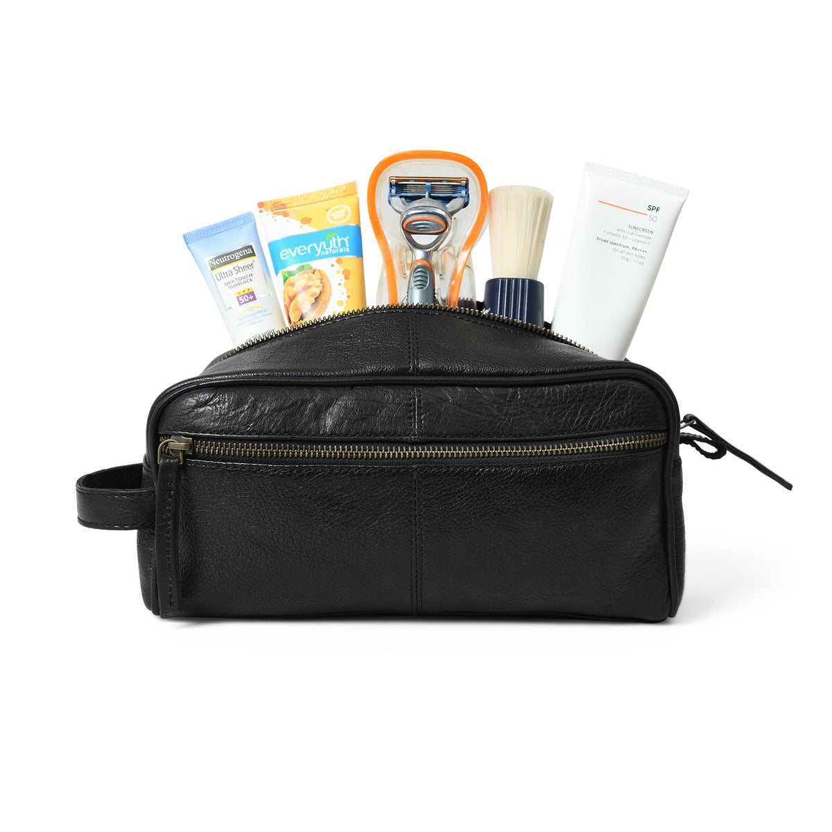 Black leather single-section toiletry bag with zip closure, view 2