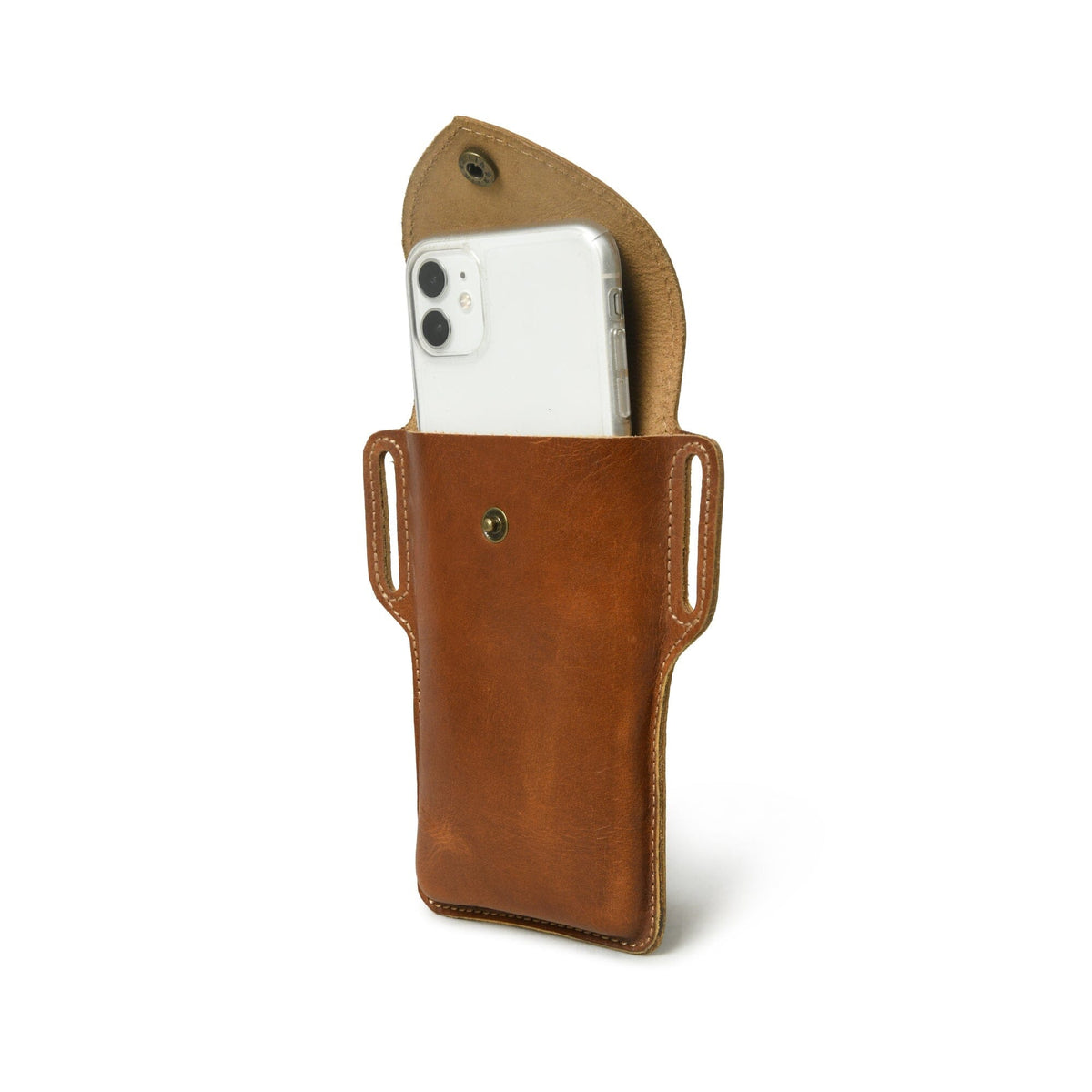Tan brown leather belt phone holster case, view 3