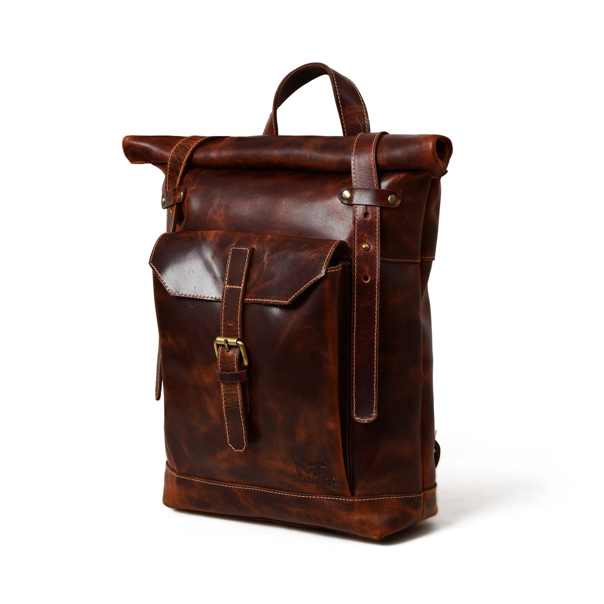 Brown buffalo leather roll top backpack with buckled front pocket, view 2