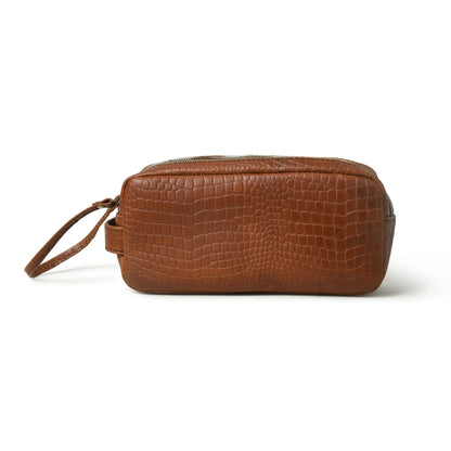 Brown leather toiletry bag with hair-on hide and zip top, view 3