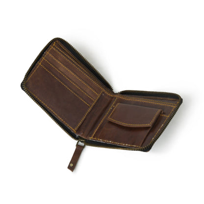 Walnut brown leather bifold wallet with zip coin pocket, view 4