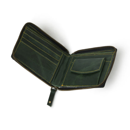 Green leather bifold wallet with zip coin pocket, view 2