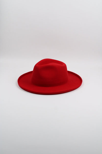 Cherry red wool felt hat with a teardrop crown and pencil-rolled brim, view 3