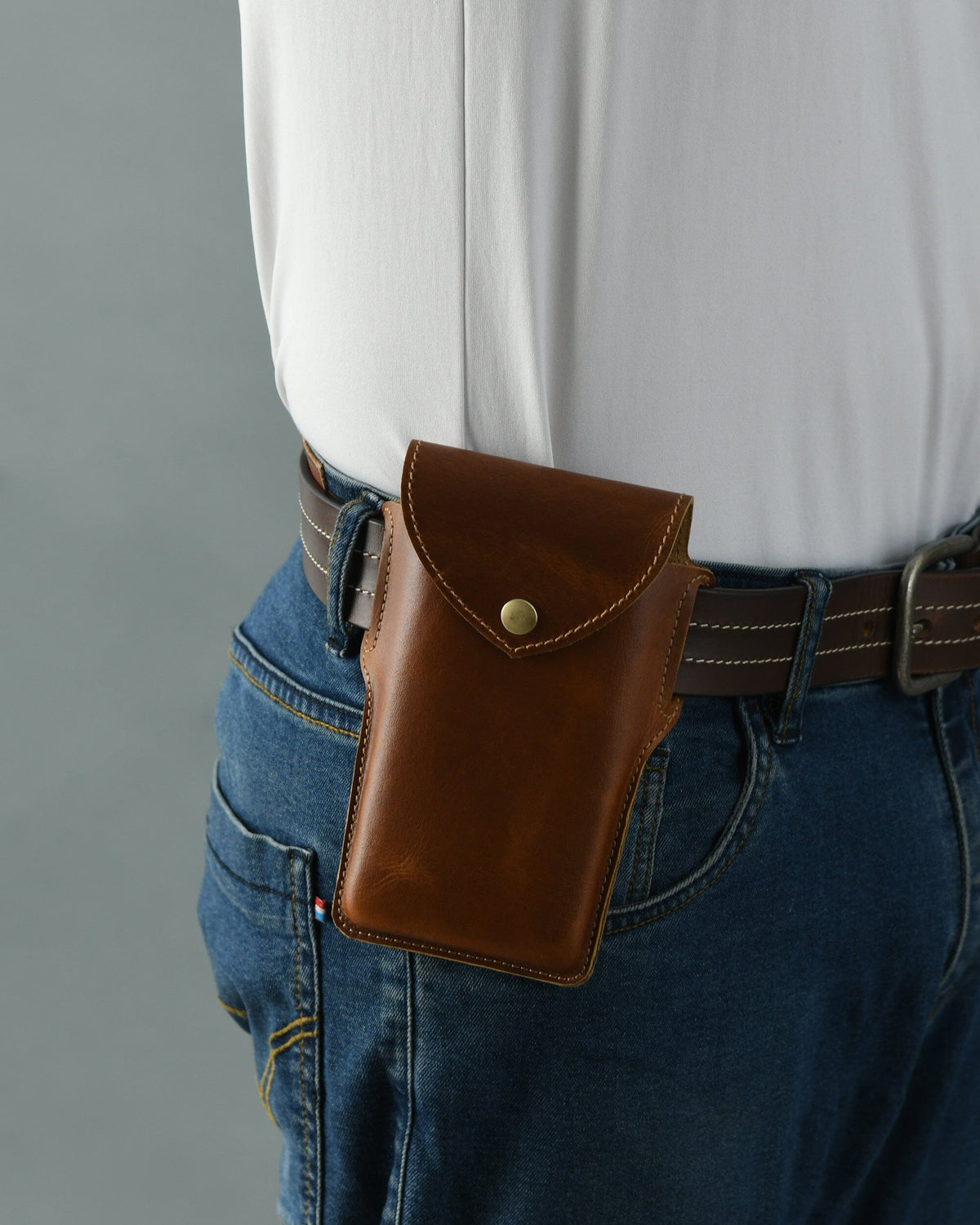 Tan brown leather belt phone holster case, view 2