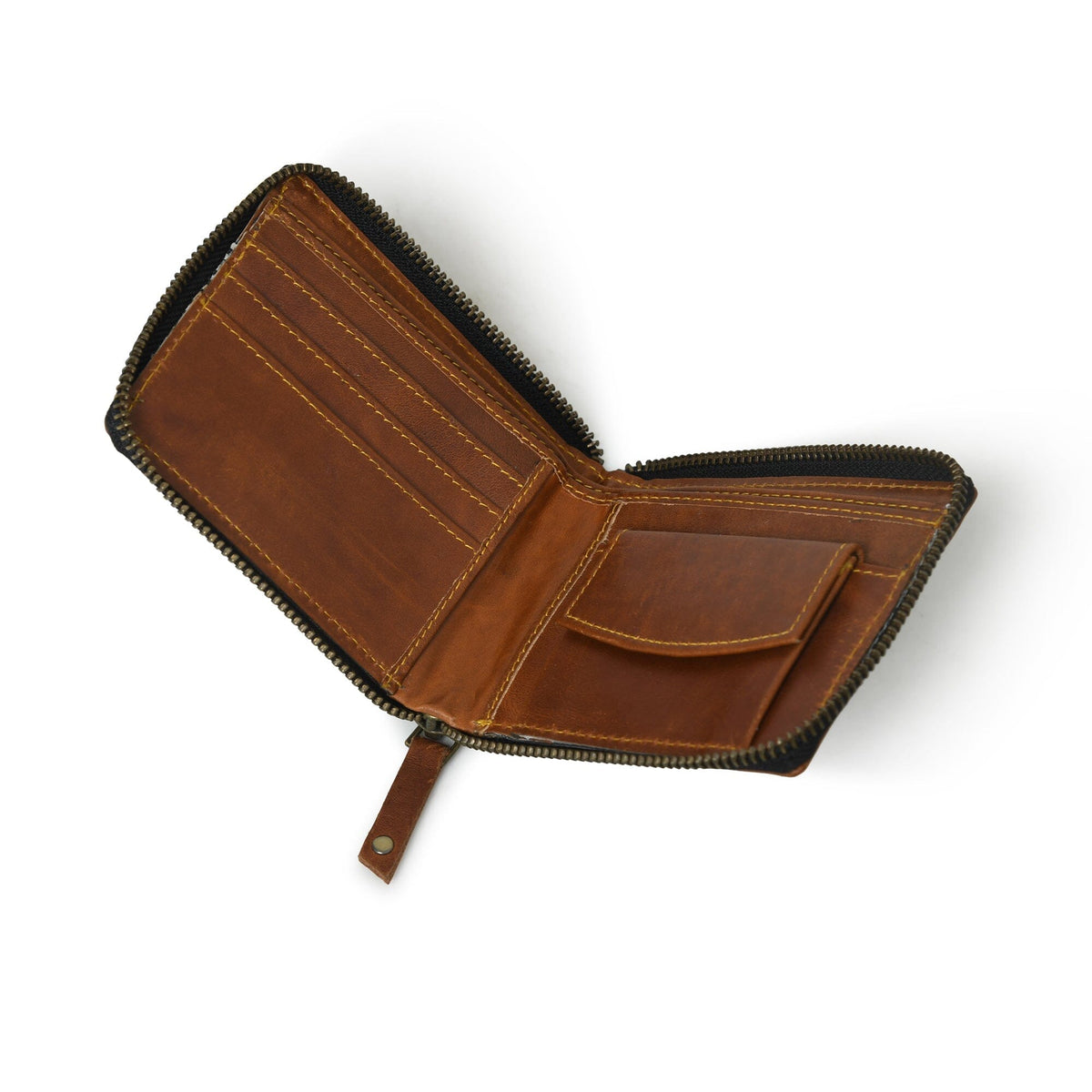 Tan brown leather bifold wallet with zip coin pocket, view 3