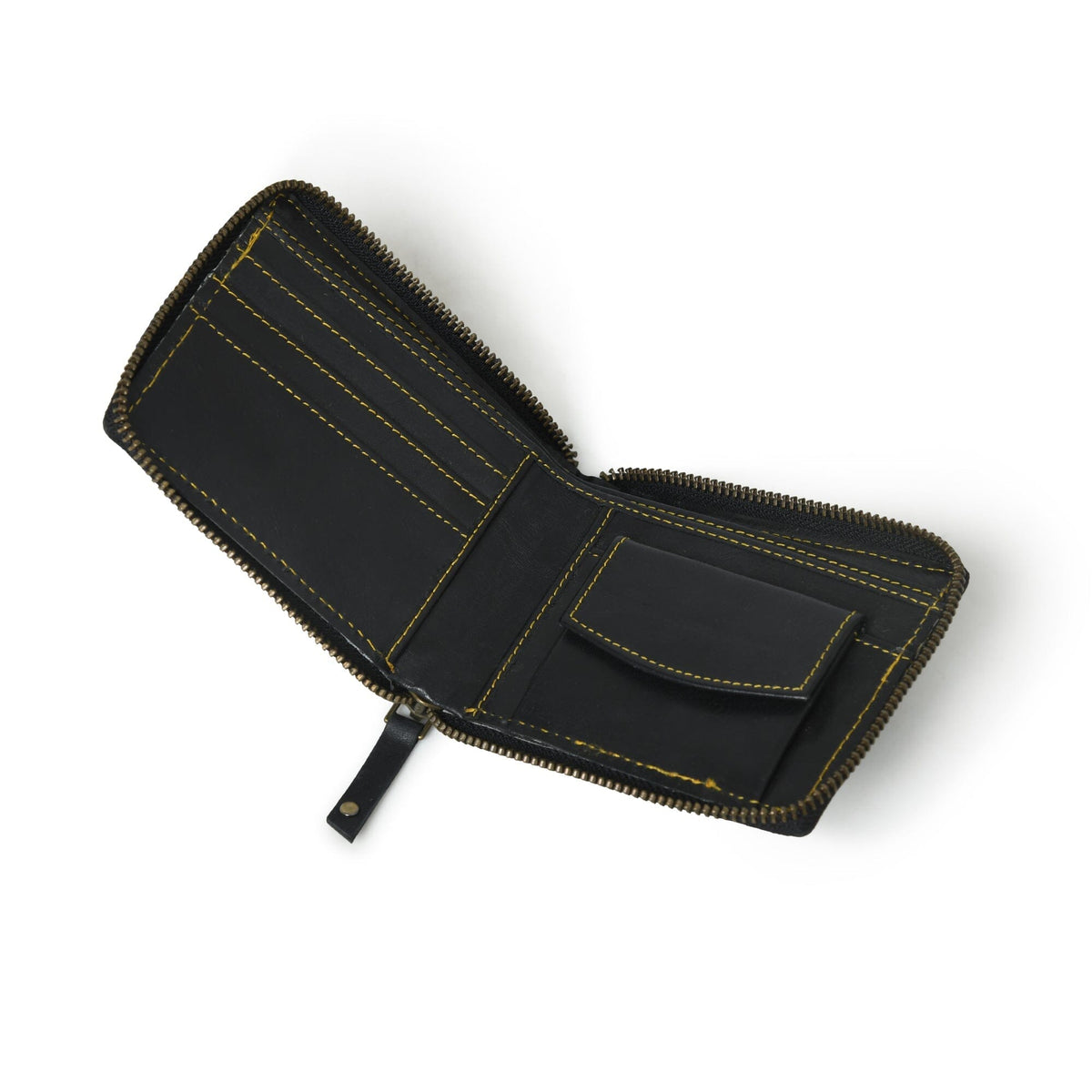 Black leather bifold wallet with zip coin pocket, view 3