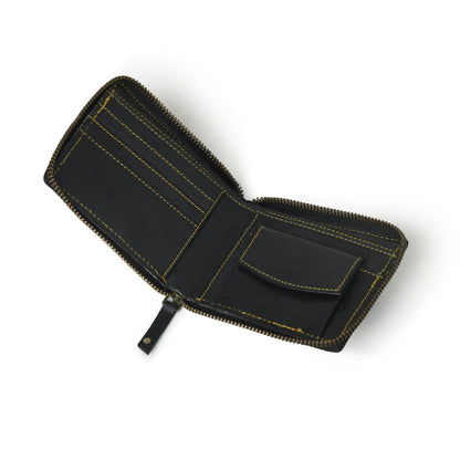Black leather bifold wallet with zip coin pocket, view 3