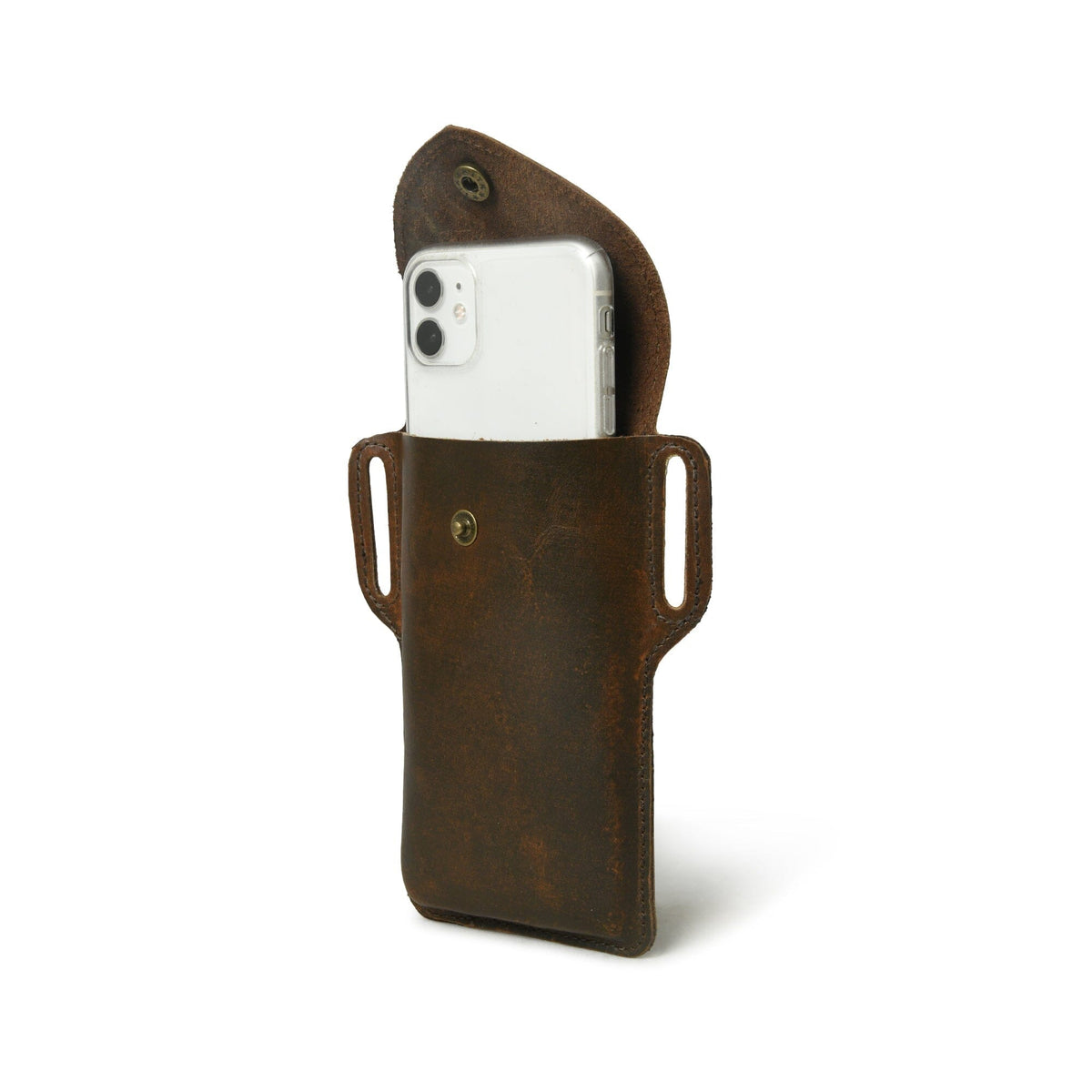 Dark brown leather belt phone holster case, view 3