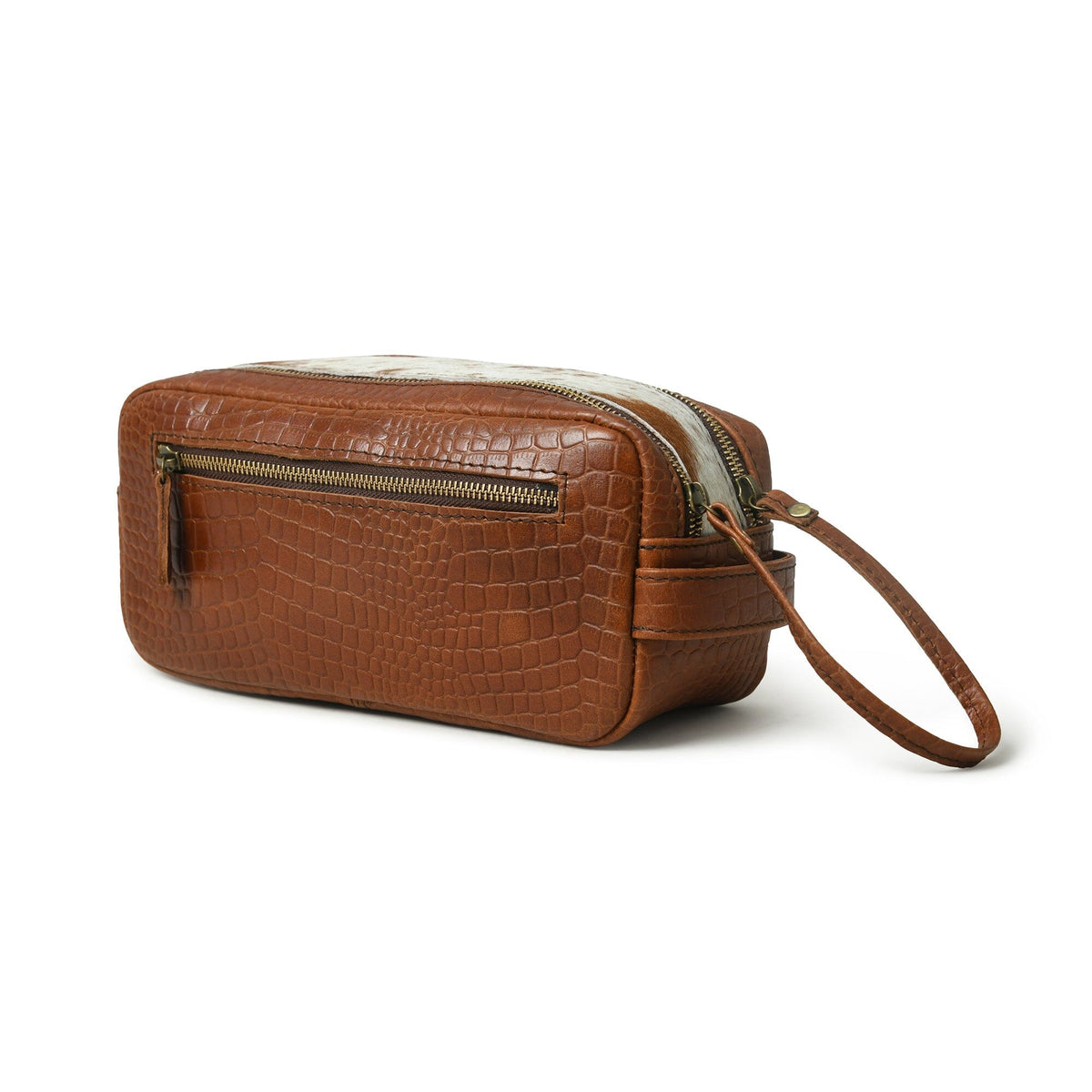 Brown leather toiletry bag with hair-on hide and zip top, view 4