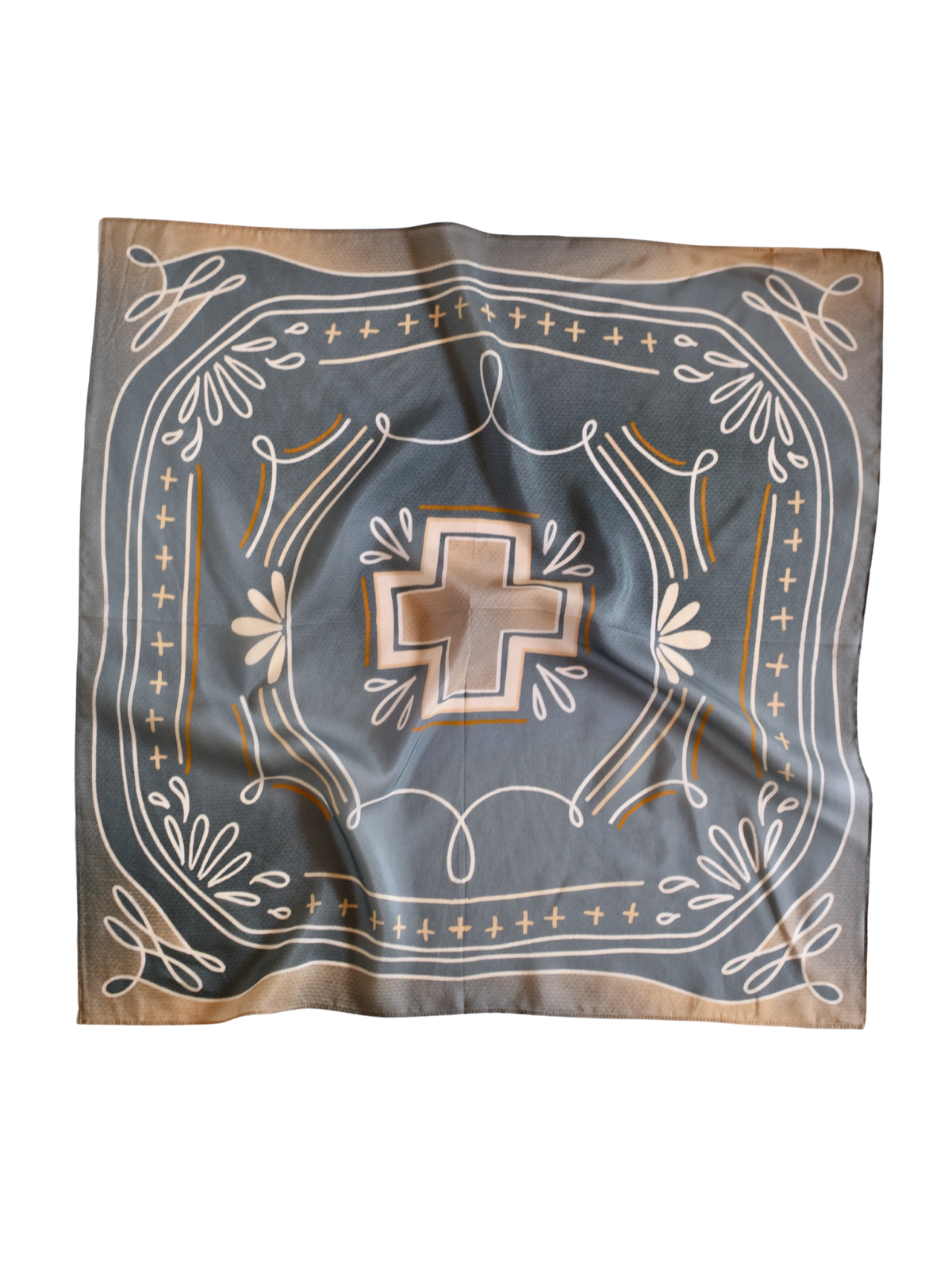 Dusty blue wild rag with a center cross and boot-stitch sketch pattern