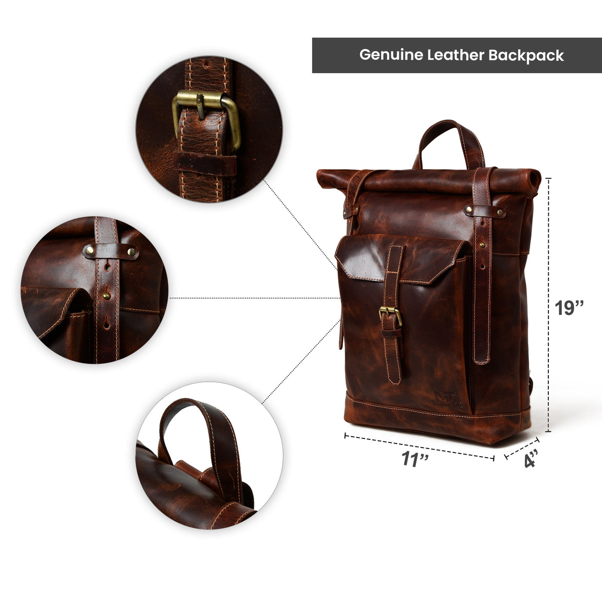 Brown Roll Top Backpack by Classy Leather Bags, view 6