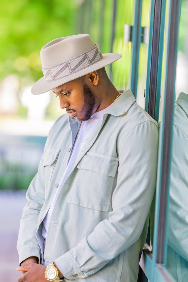 Sand colored alpaca wool felt fedora with a short brim and woven band, view 2