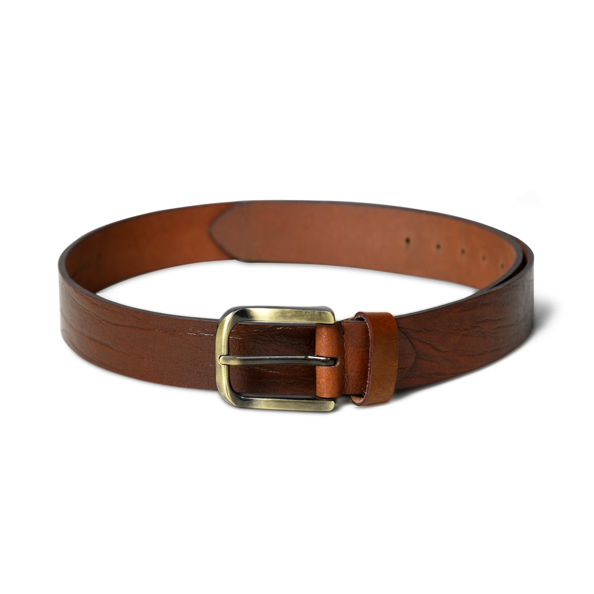 Textured brown leather belt with pin buckle, view 4