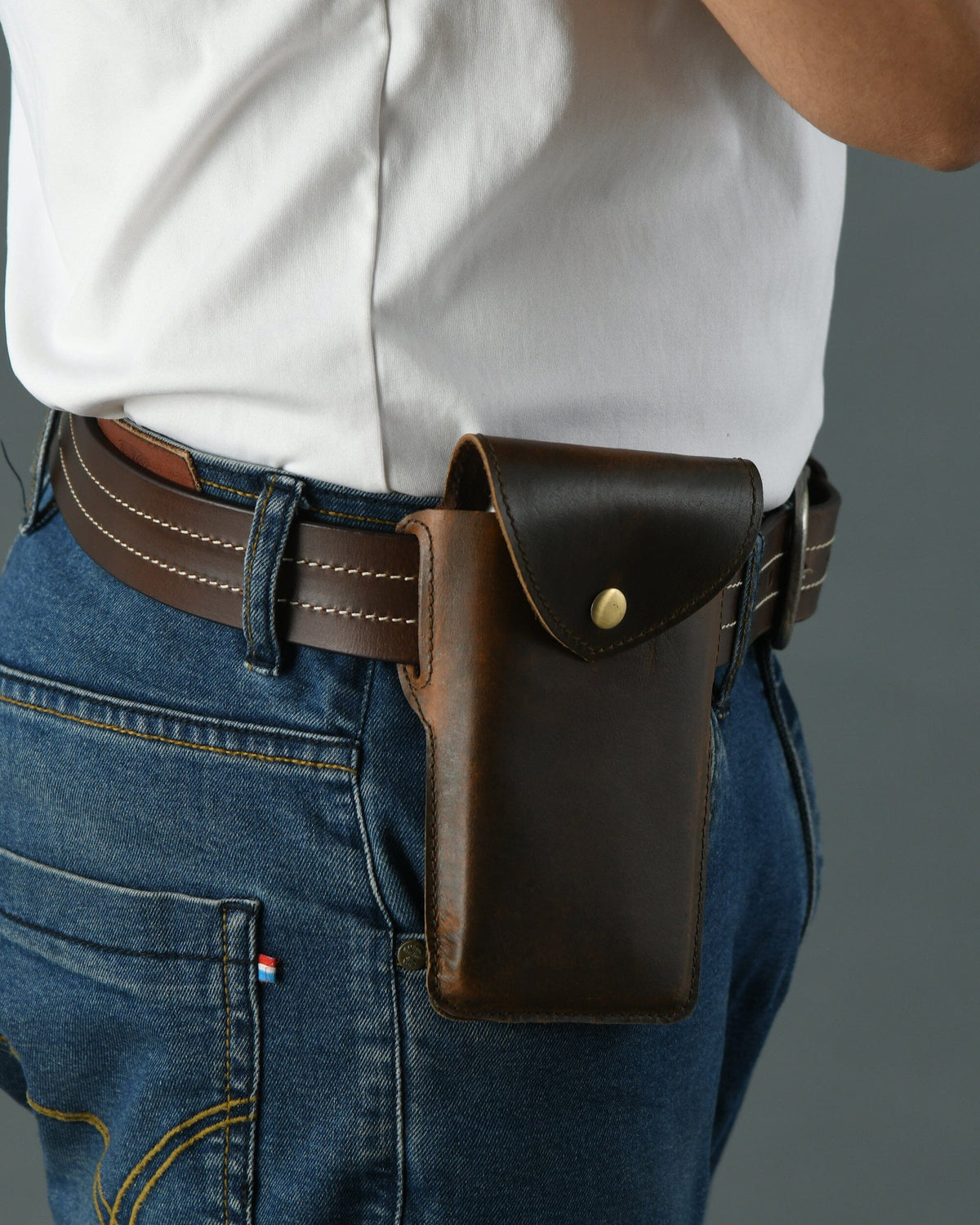 Dark brown leather belt phone holster case, view 4