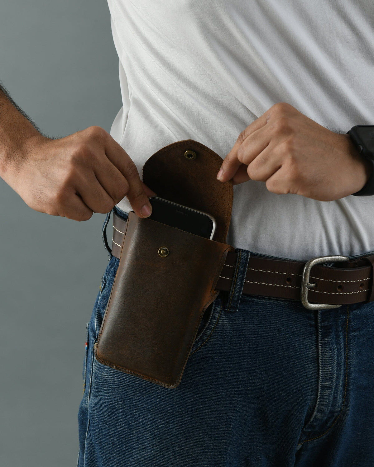 Dark brown leather belt phone holster case, view 2