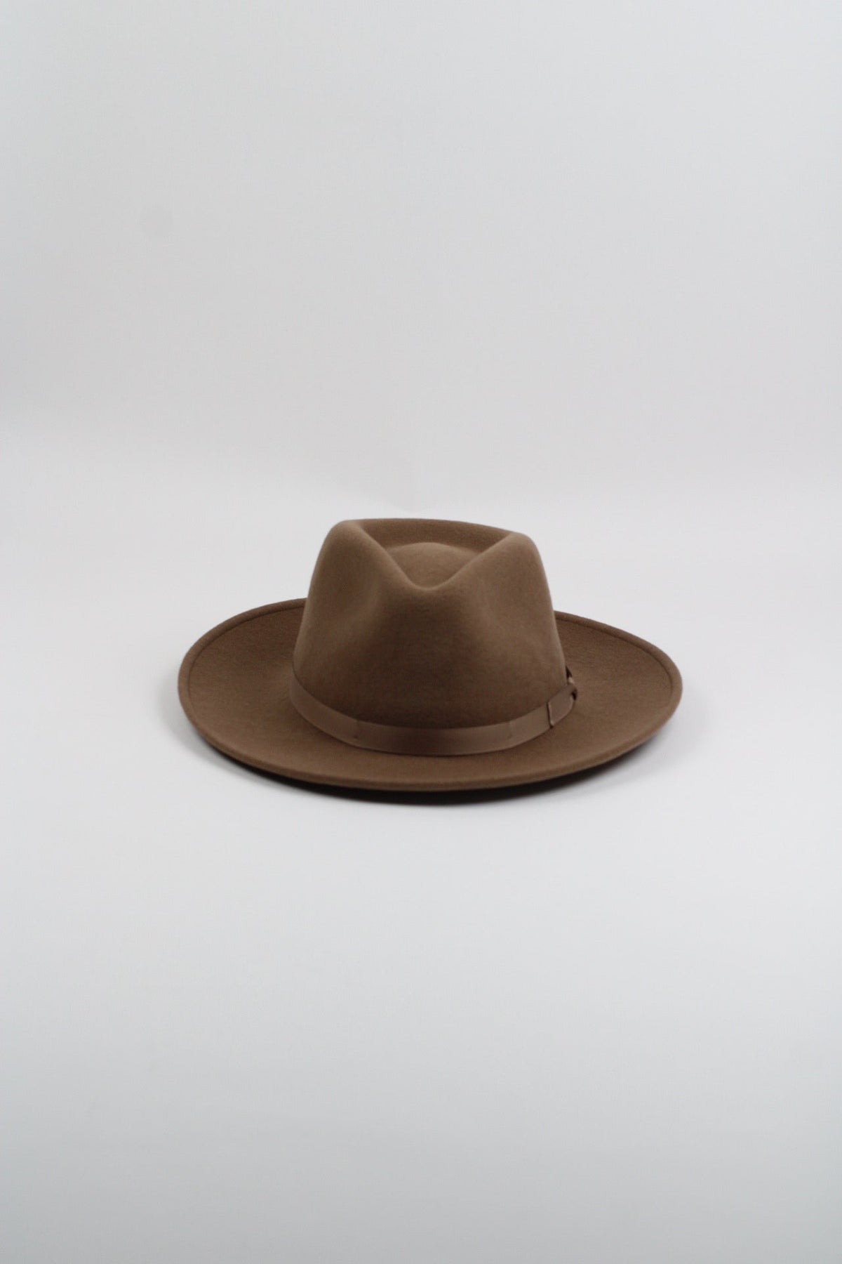 Khaki wool felt hat with a teardrop crown and a 3-inch curved brim, view 3