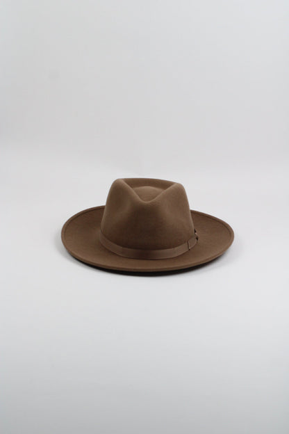 Khaki wool felt hat with a teardrop crown and a 3-inch curved brim, view 3