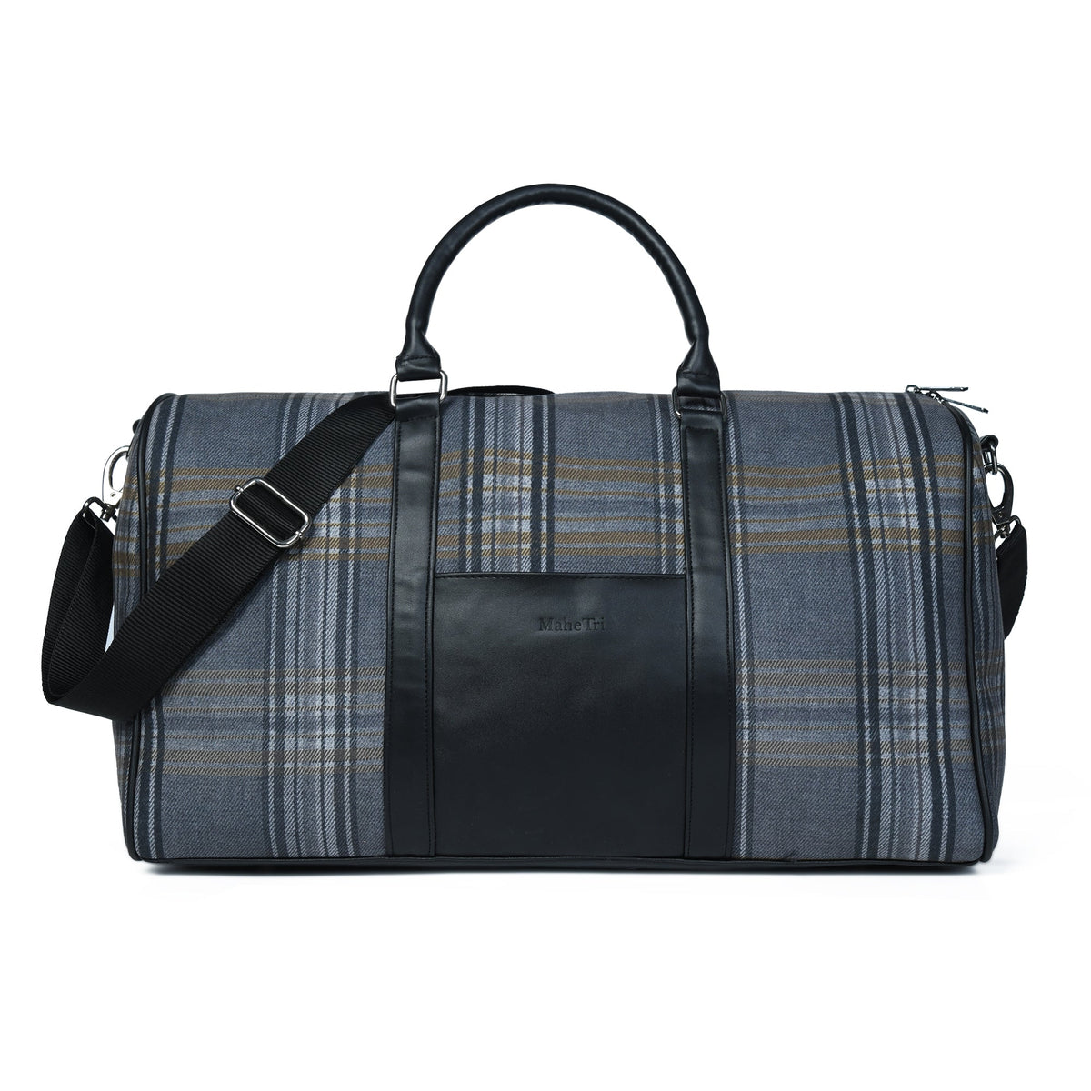 Grey plaid canvas duffle bag with leather trim and shoulder strap, view 3