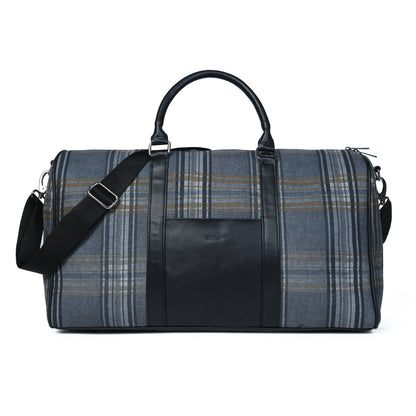 Grey plaid canvas duffle bag with leather trim and shoulder strap, view 3