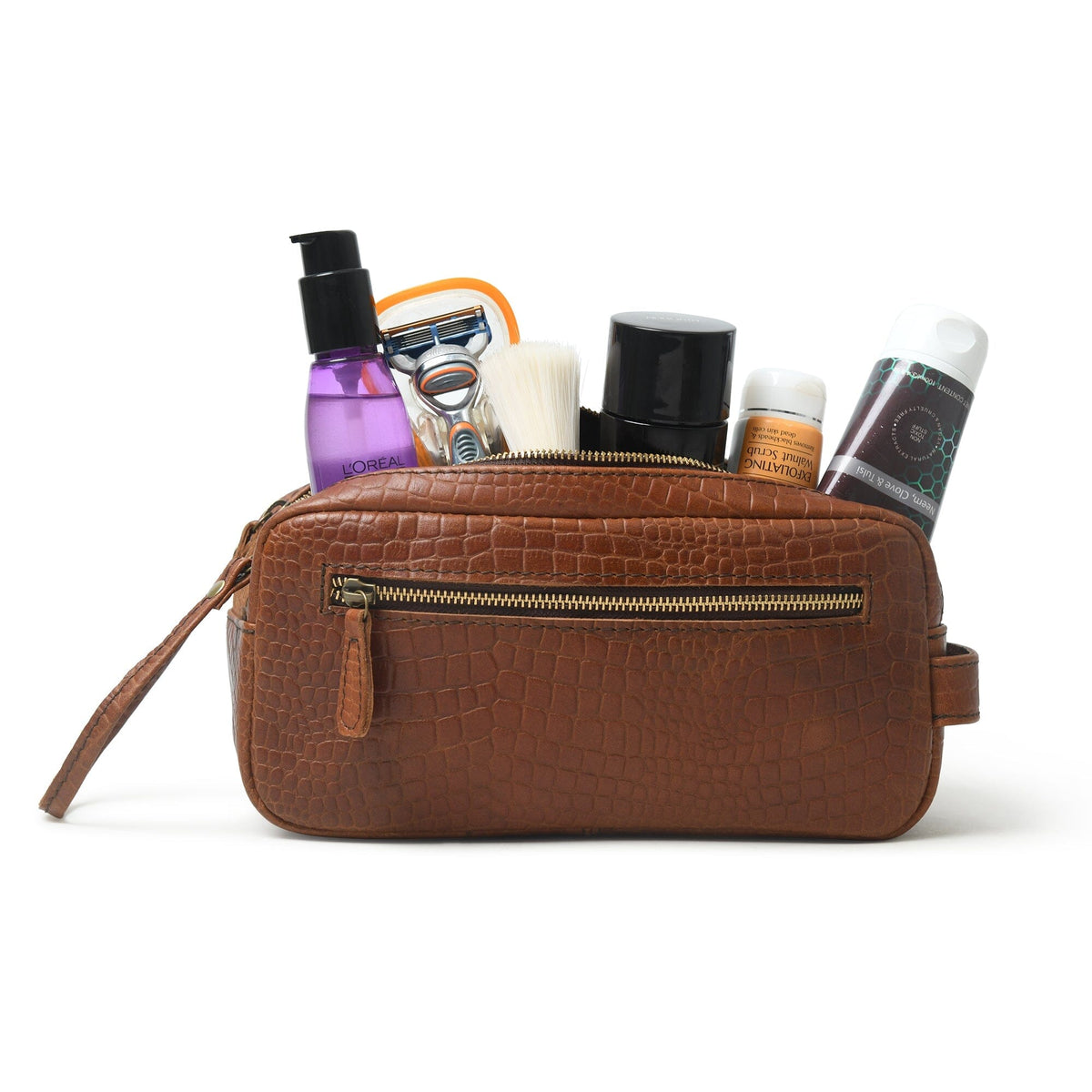Brown leather toiletry bag with hair-on hide and zip top, view 2