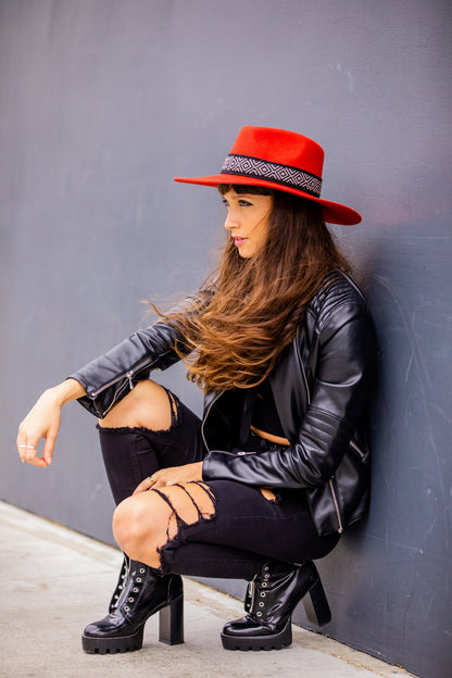 Red alpaca wool felt Western hat with a woven hatband, view 3