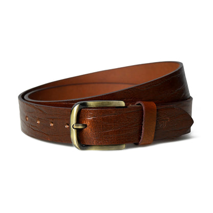 Textured brown leather belt with pin buckle, view 3