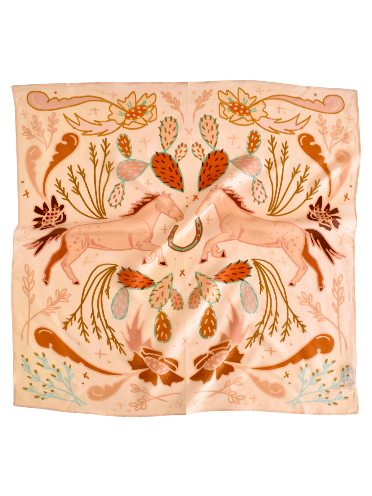 Peach wild rag with a folk-art horse, cactus and flowers