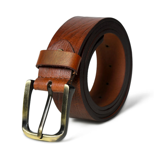 Textured brown leather belt with pin buckle