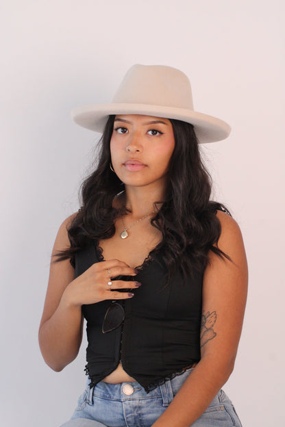 Ivory wool felt hat with a teardrop crown and pencil-rolled brim, view 2