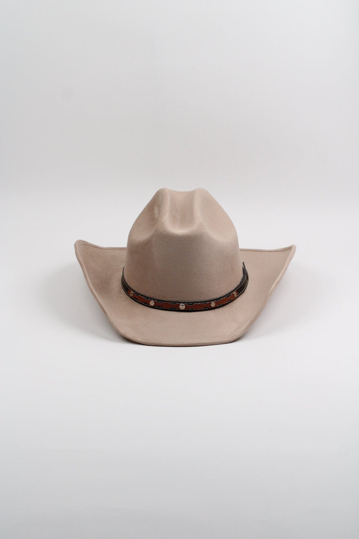 Sand vegan suede cowboy hat with a lifted brim and faux leather band, view 3