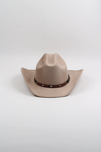 Sand vegan suede cowboy hat with a lifted brim and faux leather band, view 3