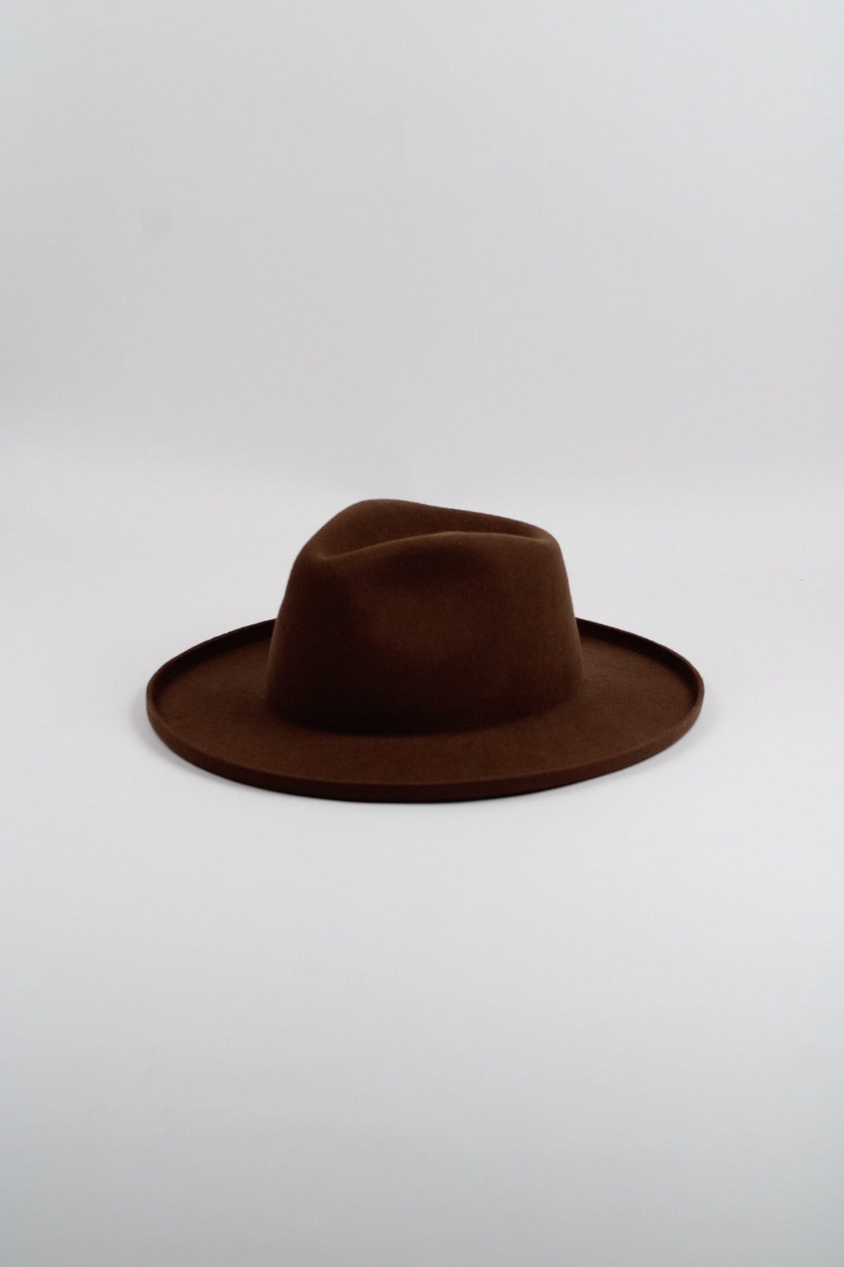 Caramel wool felt hat with a teardrop crown and pencil-rolled brim, view 3