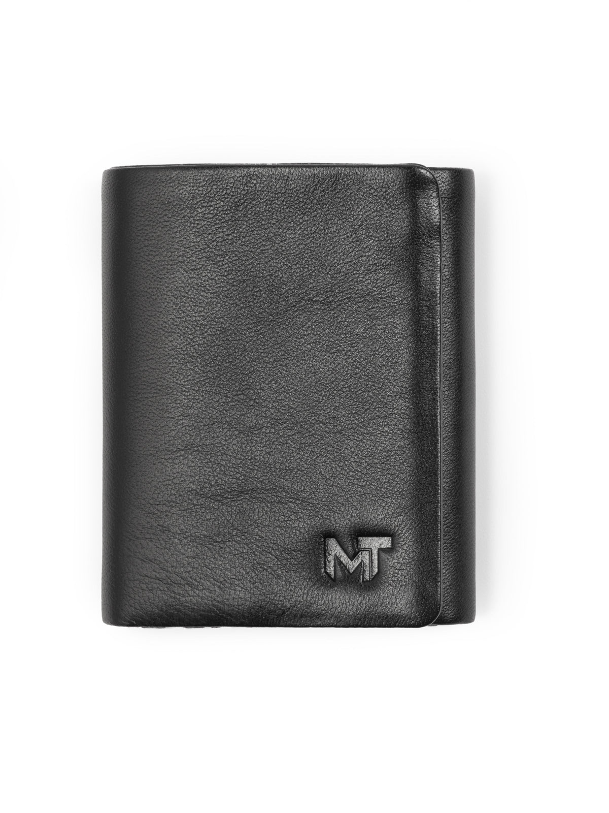 Black leather trifold wallet with card slots and coin pocket