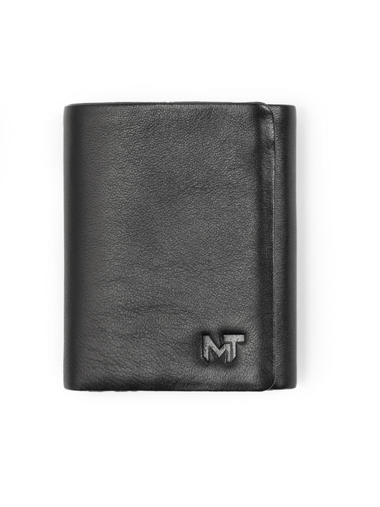 Black leather trifold wallet with card slots and coin pocket