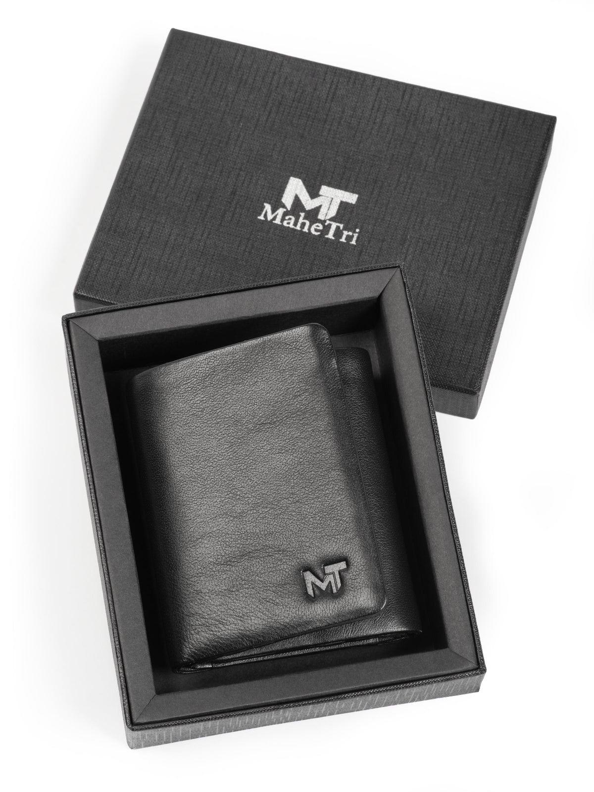 Black leather trifold wallet with card slots and coin pocket, view 2
