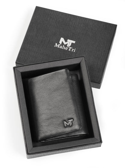Black leather trifold wallet with card slots and coin pocket, view 2