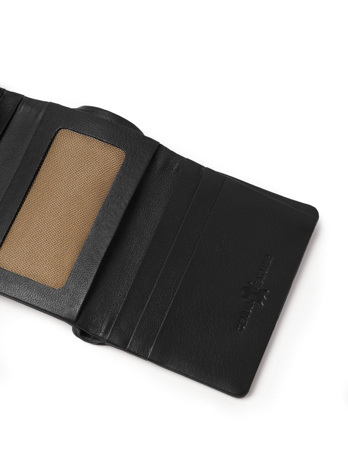 Black leather trifold wallet with card slots and coin pocket, view 4