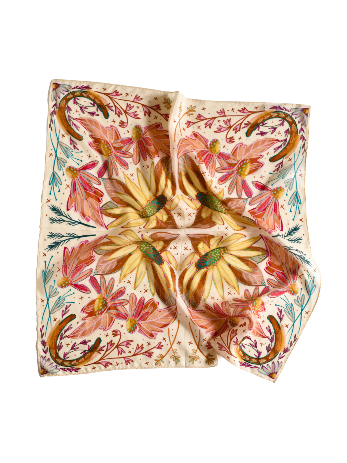 Yellow and pink silk wild rag with sunflowers, wildflowers and a horseshoe in each corner