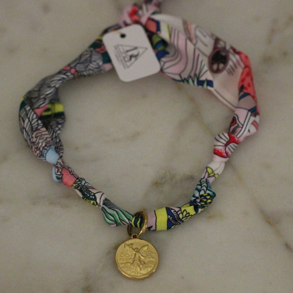 Multicolor silk scarf necklace with gold coin pendant, view 3