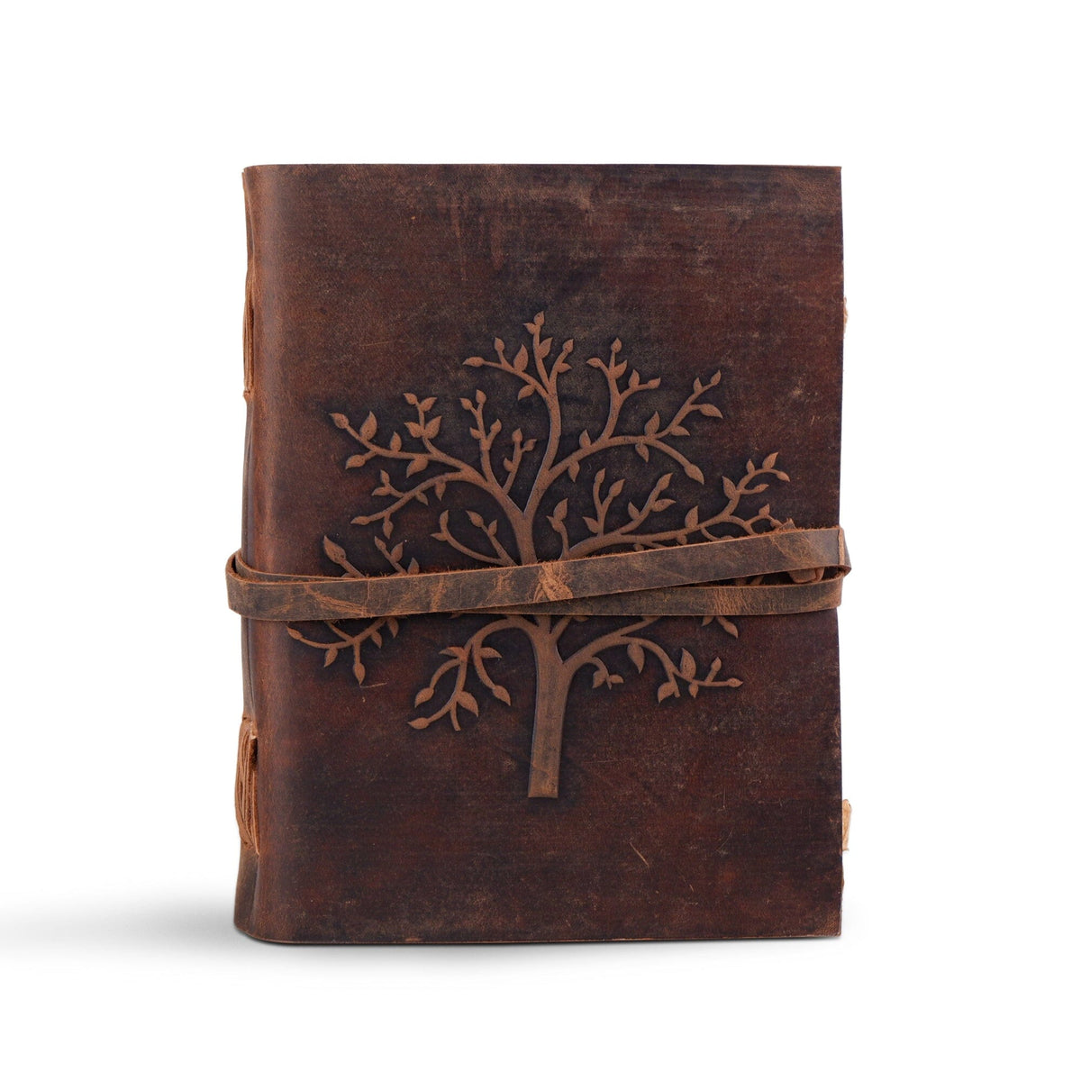 Dark brown leather journal with embossed tree and wrap strap, view 3