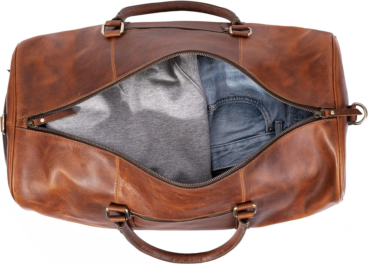 Tan buffalo leather trolley bag with wheels and top handle, view 3