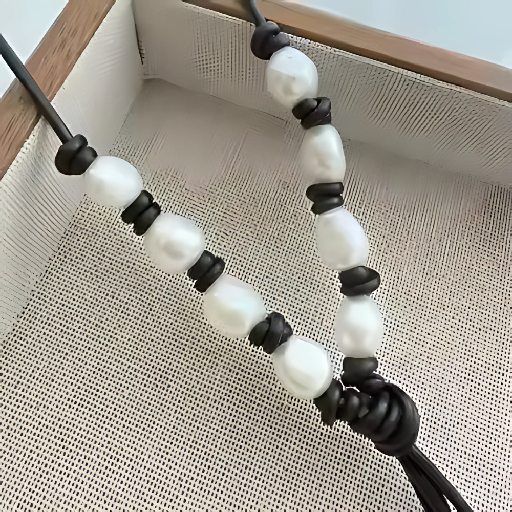 Dark brown leather lariat necklace with freshwater pearls, view 4