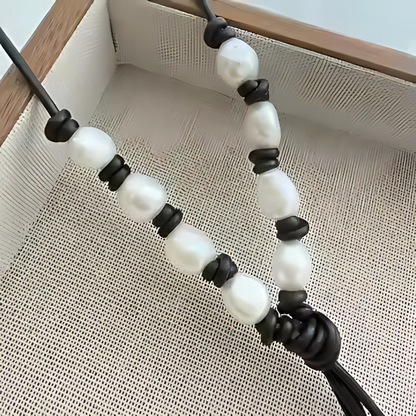 Dark brown leather lariat necklace with freshwater pearls, view 4