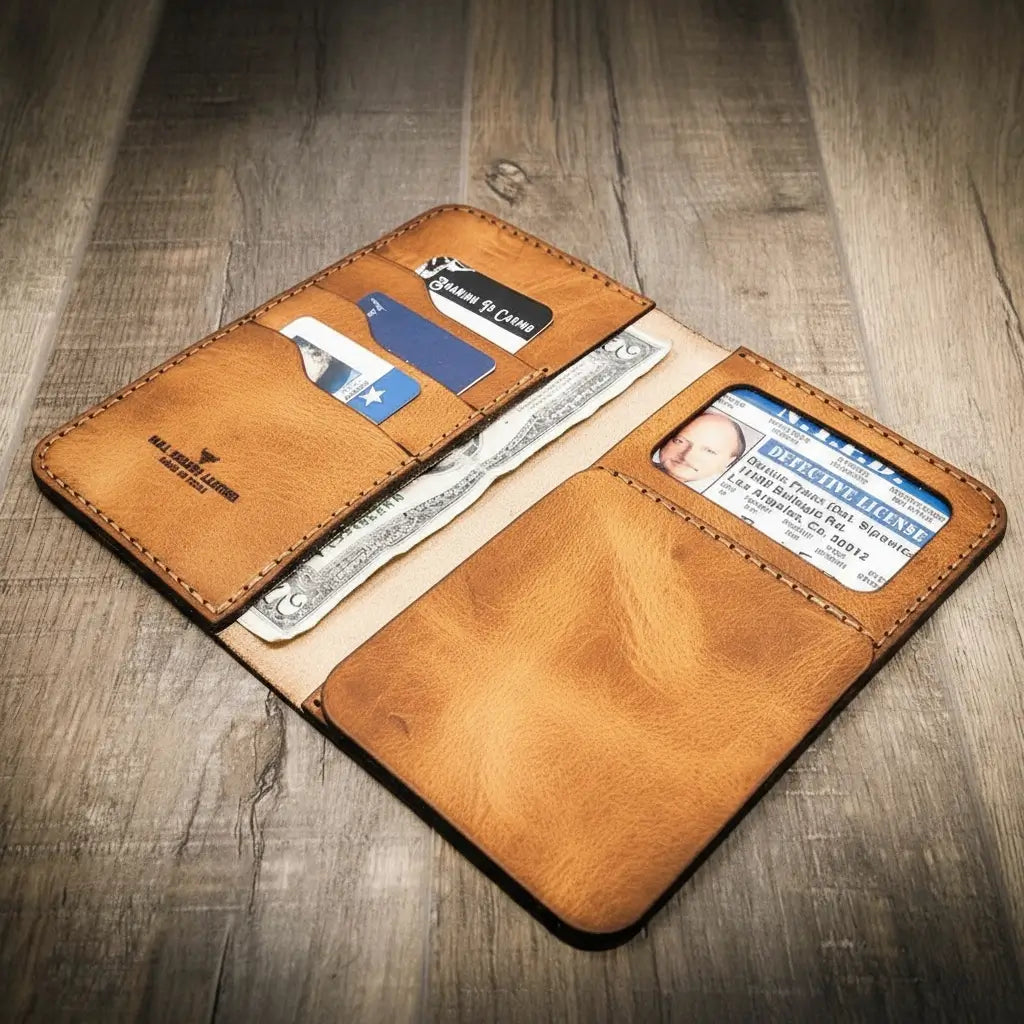 Tall full-grain leather badge long wallet by Bull Sheath, view 2