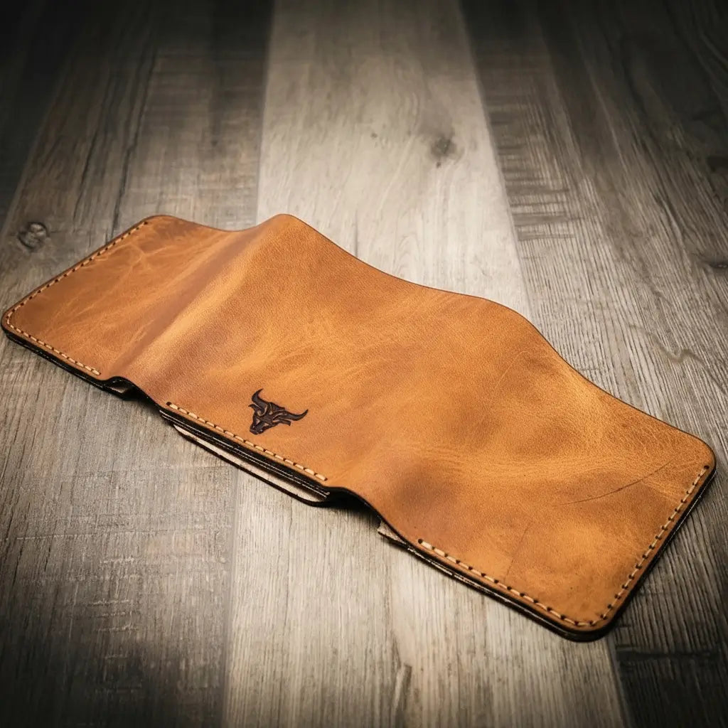 Saddle tan leather trifold badge wallet open to show badge slot and ID window, view 4