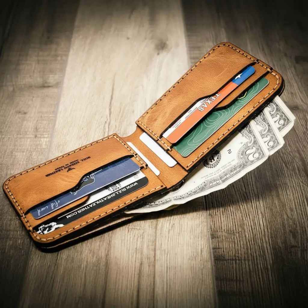 Saddle tan leather bifold wallet with burnished edges, view 4