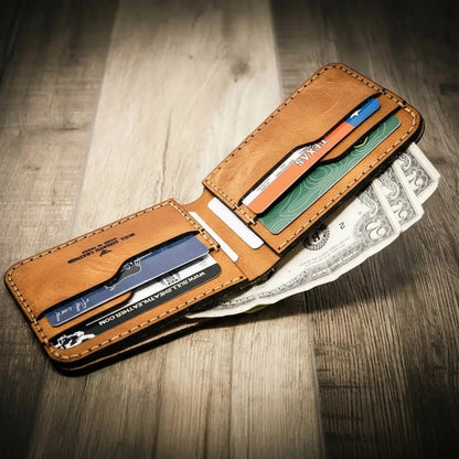 Saddle tan leather bifold wallet with burnished edges, view 4