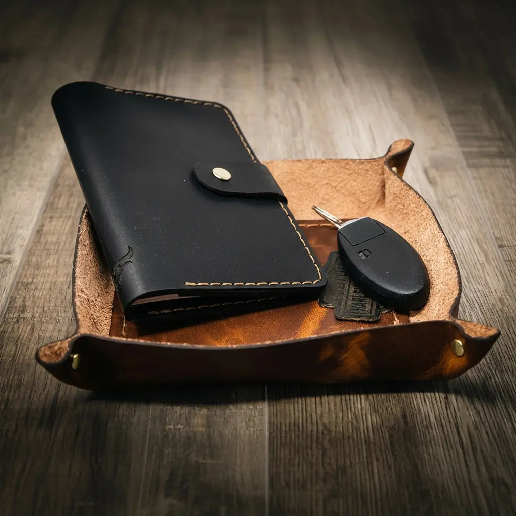 Nightstand Leather Valet Tray in Chestnut Brown by Bull Sheath Leather