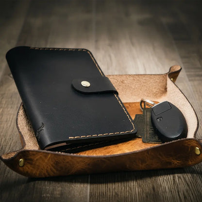 Saddle tan square leather valet tray